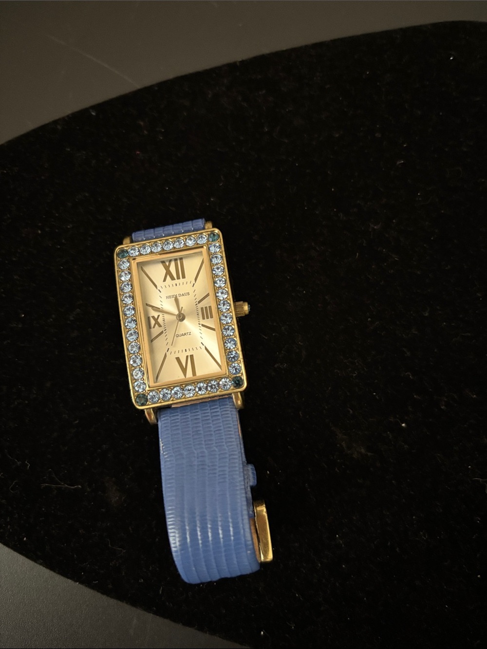 Heidi Daus Gold-Tone Rectangular Crystal Watch with Blue Leather Strap